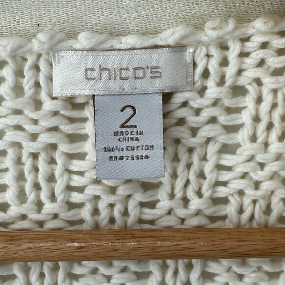 Chico's Crochet Knit Open Cream Waterfall Cardigan Sz L 2 Cotton Old Money Work - Picture 4 of 7